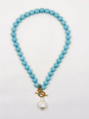Mayamar Turquoise Beaded Necklace W/ Baroque Pearl Drop & Gold  Dipped Toggle